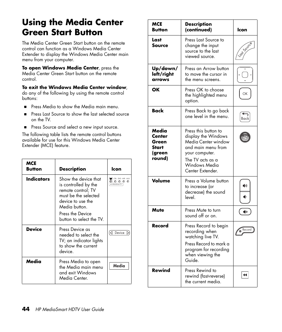 Using the media center green start button | HP 1080p User Manual | Page 57 / 426
