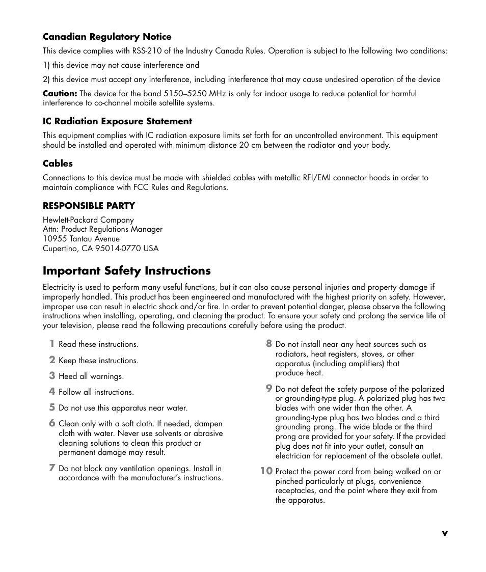 Important safety instructions | HP 1080p User Manual | Page 6 / 426