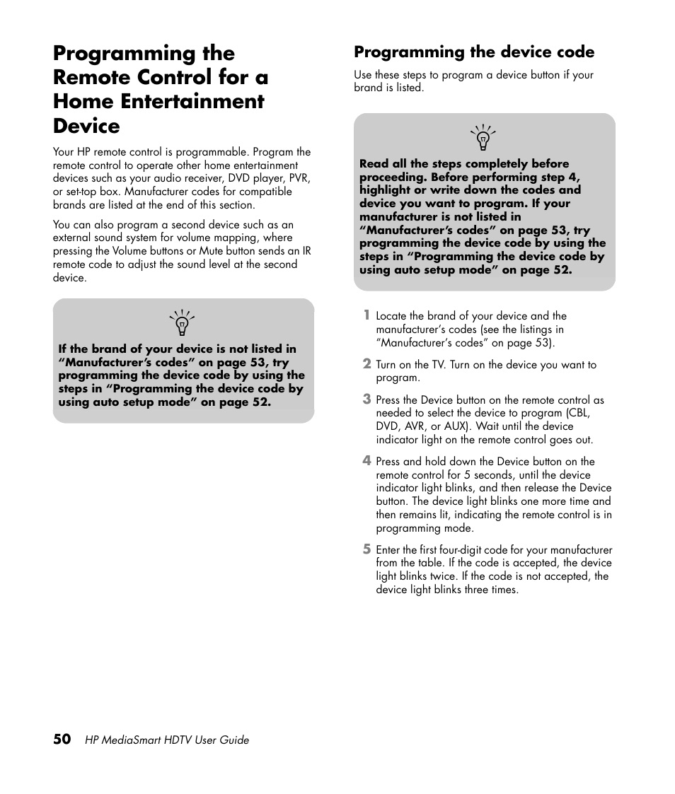 Programming the device code | HP 1080p User Manual | Page 63 / 426