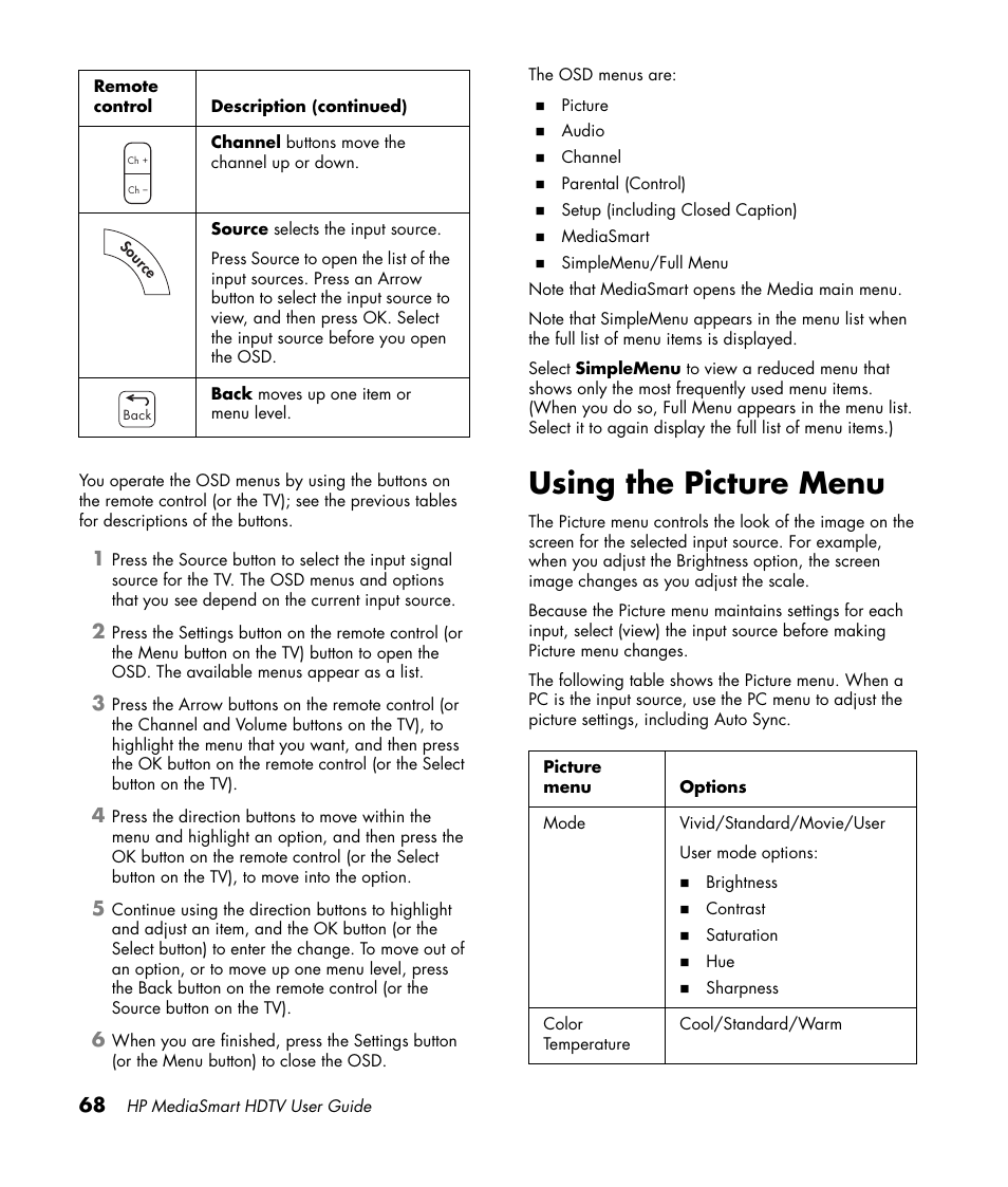 Using the picture menu | HP 1080p User Manual | Page 81 / 426
