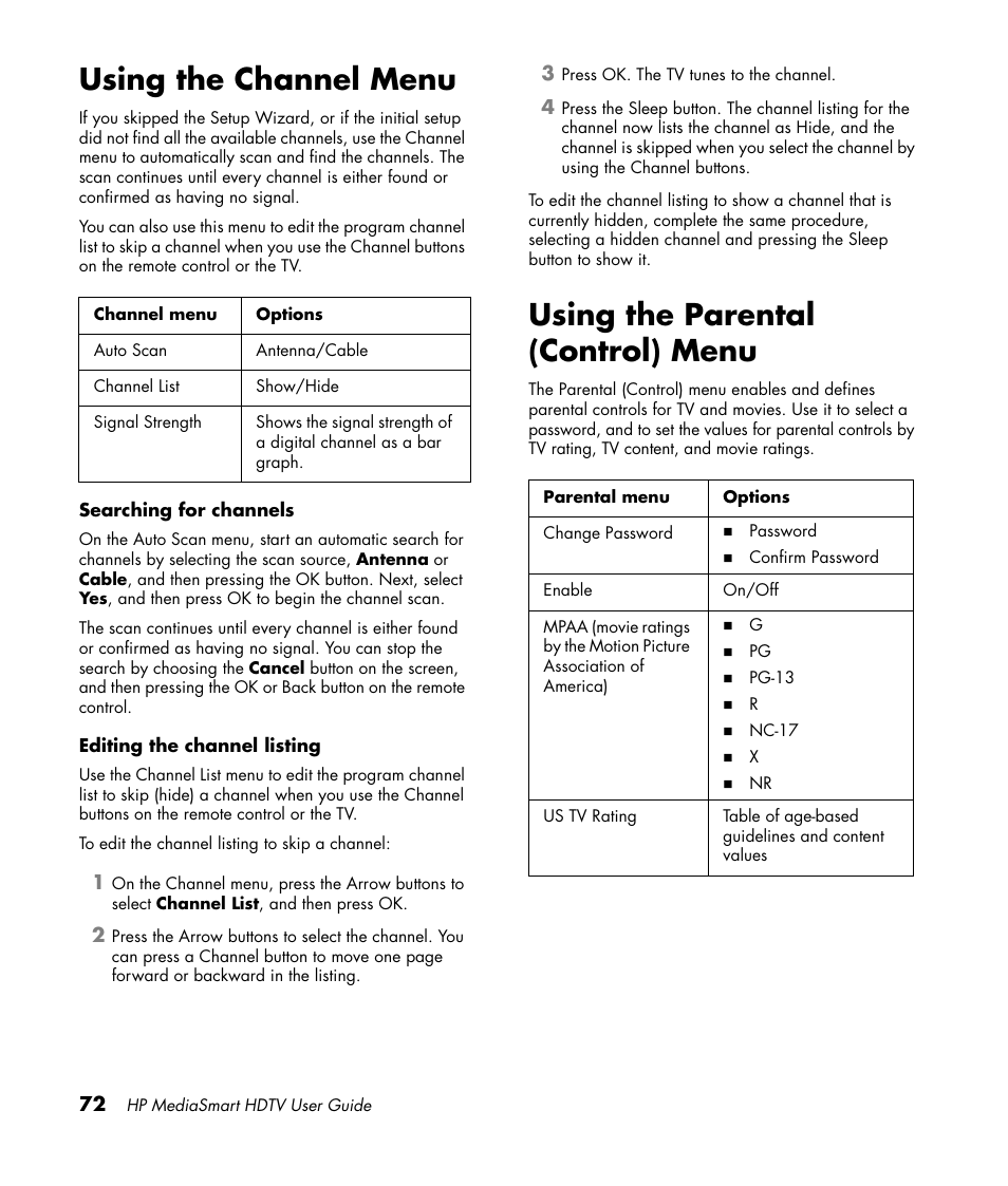 Using the channel menu, Using the parental (control) menu | HP 1080p User Manual | Page 85 / 426