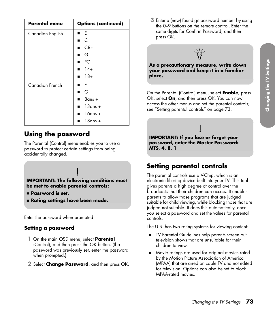 Using the password, Setting parental controls, Using the password setting parental controls | HP 1080p User Manual | Page 86 / 426