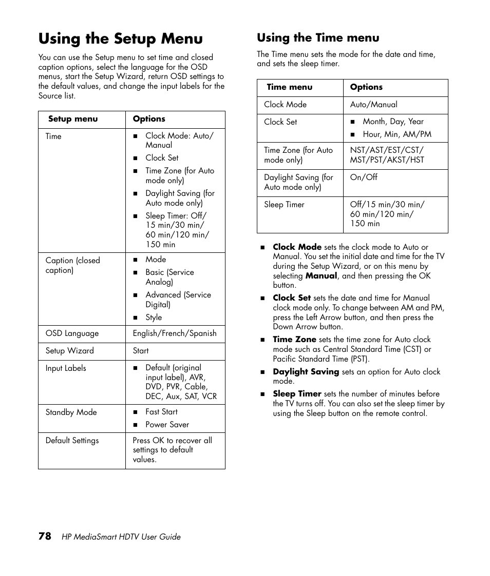 Using the setup menu, Using the time menu | HP 1080p User Manual | Page 91 / 426