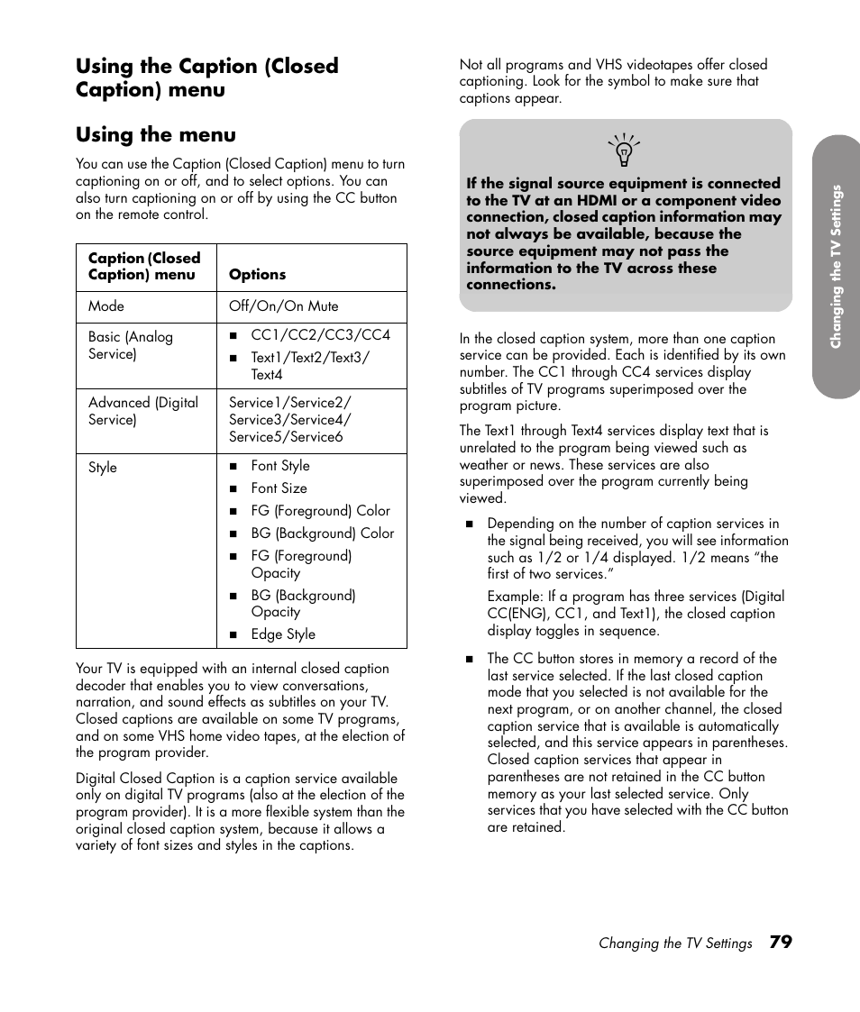 Using the caption (closed caption) menu, Using the menu | HP 1080p User Manual | Page 92 / 426