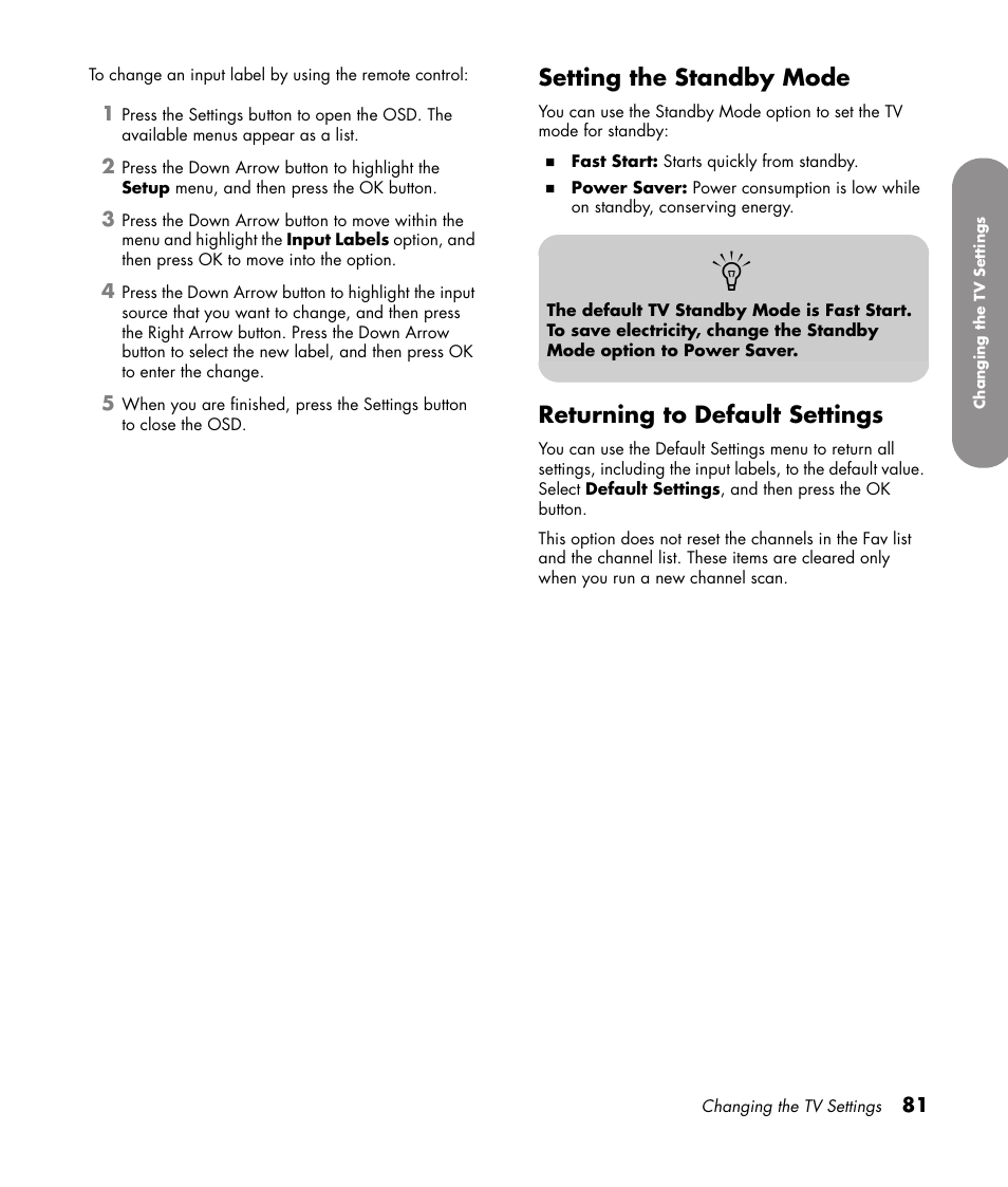 Setting the standby mode, Returning to default settings | HP 1080p User Manual | Page 94 / 426