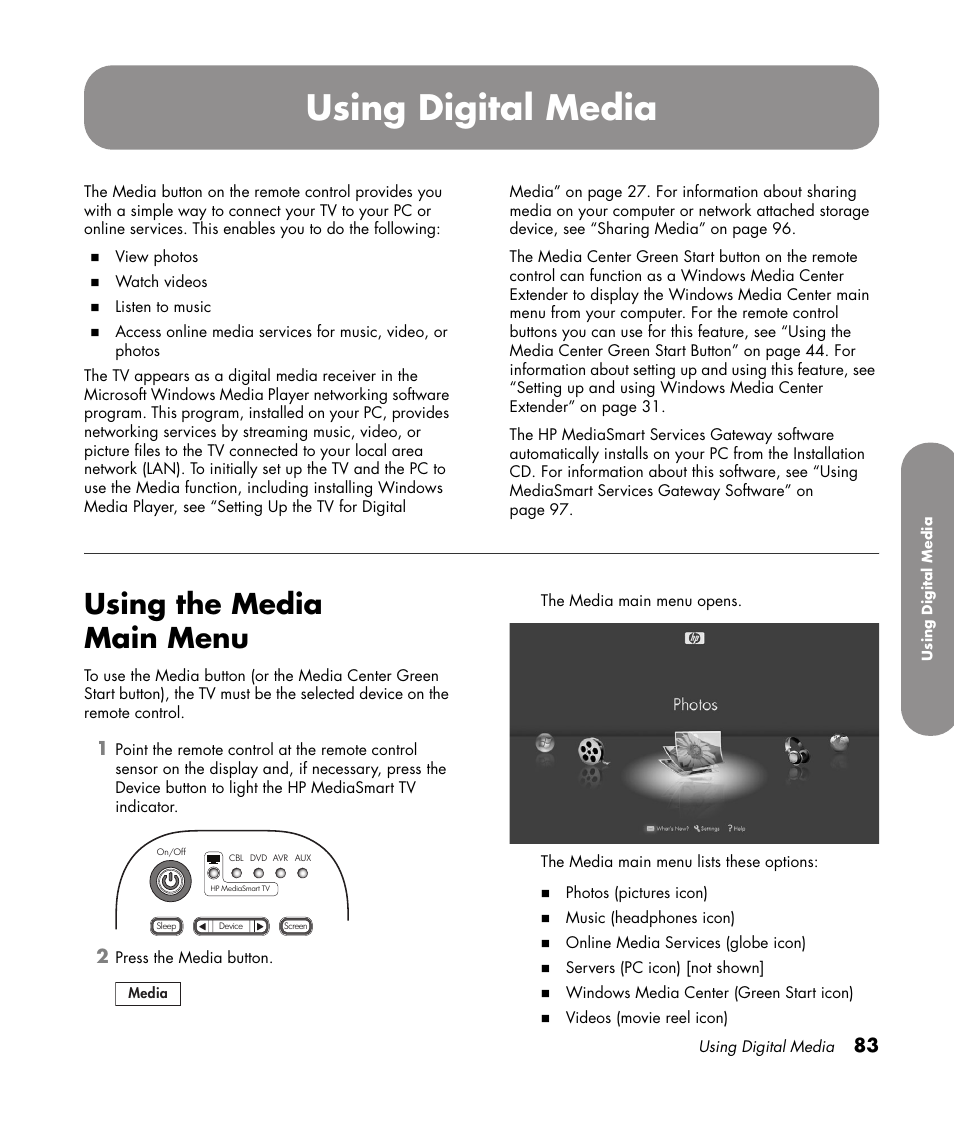Using digital media, Using the media main menu | HP 1080p User Manual | Page 96 / 426