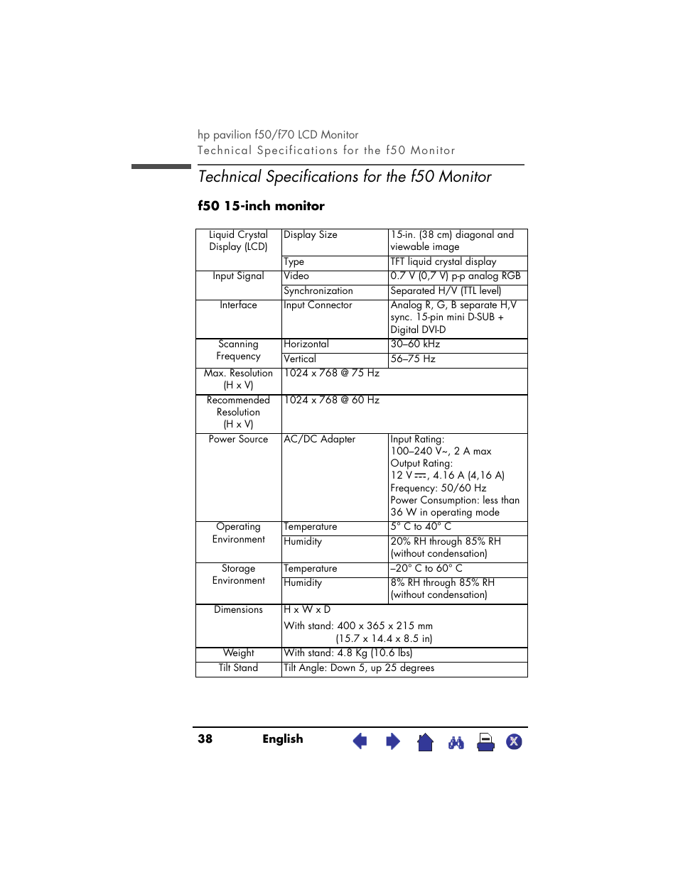 Technical specificationsfor the f50 monitor, Technical specifications for the, F50 monitor | Technical specifications for the f50 monitor, F50 15-inch monitor | HP f50 User Manual | Page 38 / 50