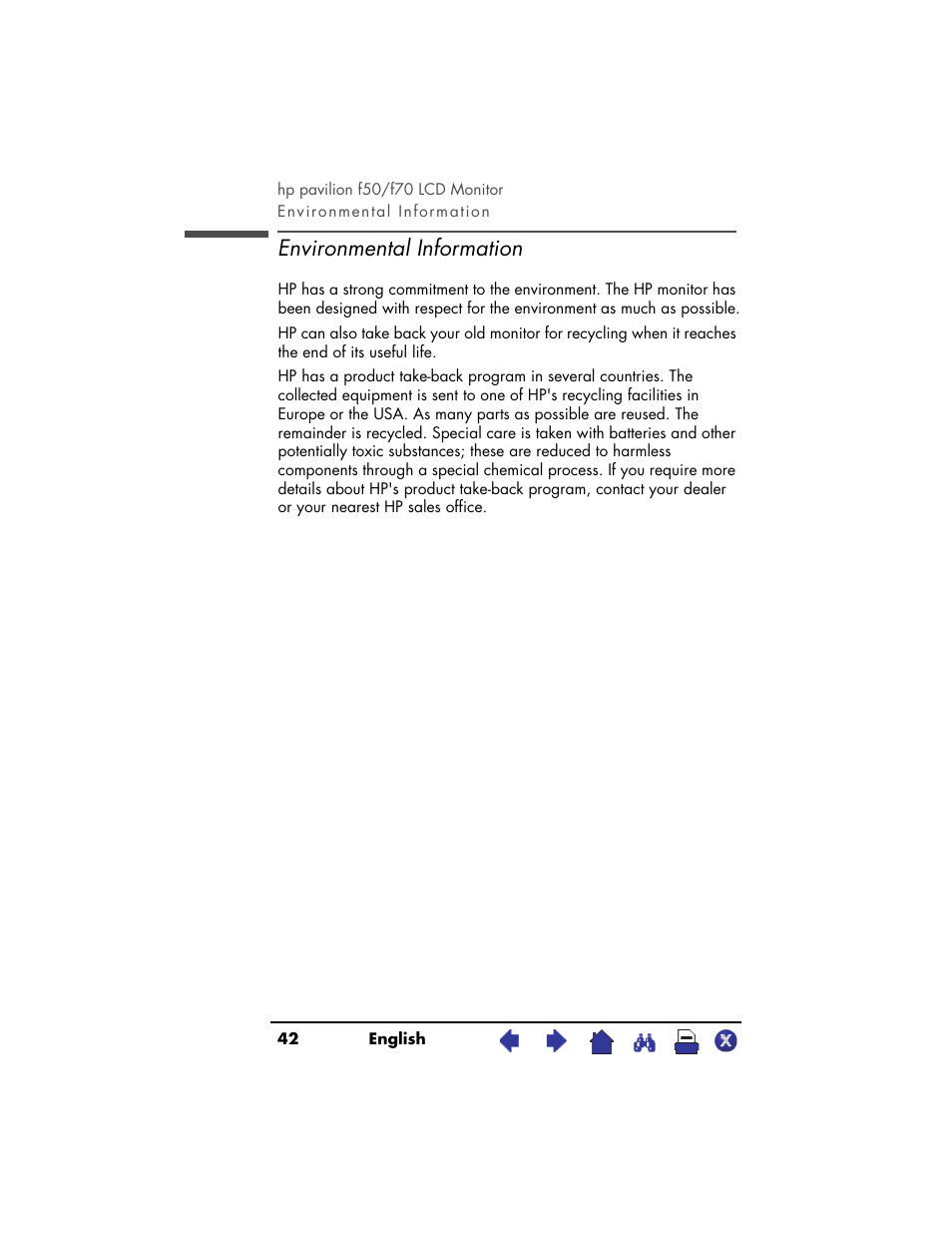 Environmental information | HP f50 User Manual | Page 42 / 50