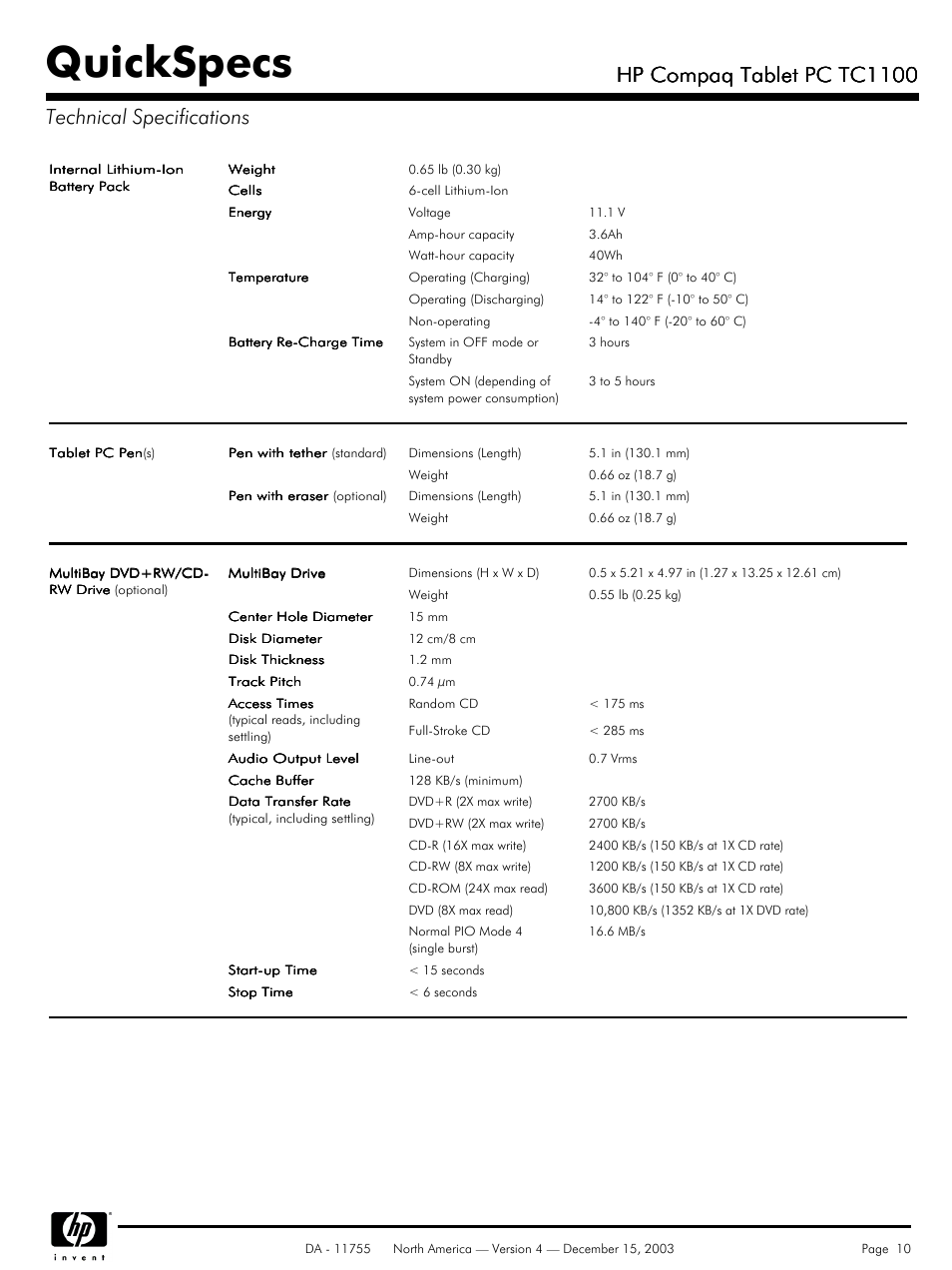 Quickspecs, Hp compaq tablet pc tc1100 | HP TC1 100 User Manual | Page 10 / 17