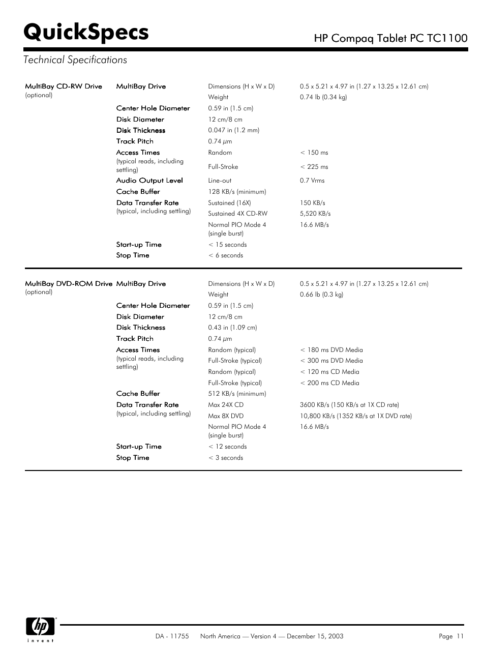 Quickspecs, Hp compaq tablet pc tc1100 | HP TC1 100 User Manual | Page 11 / 17