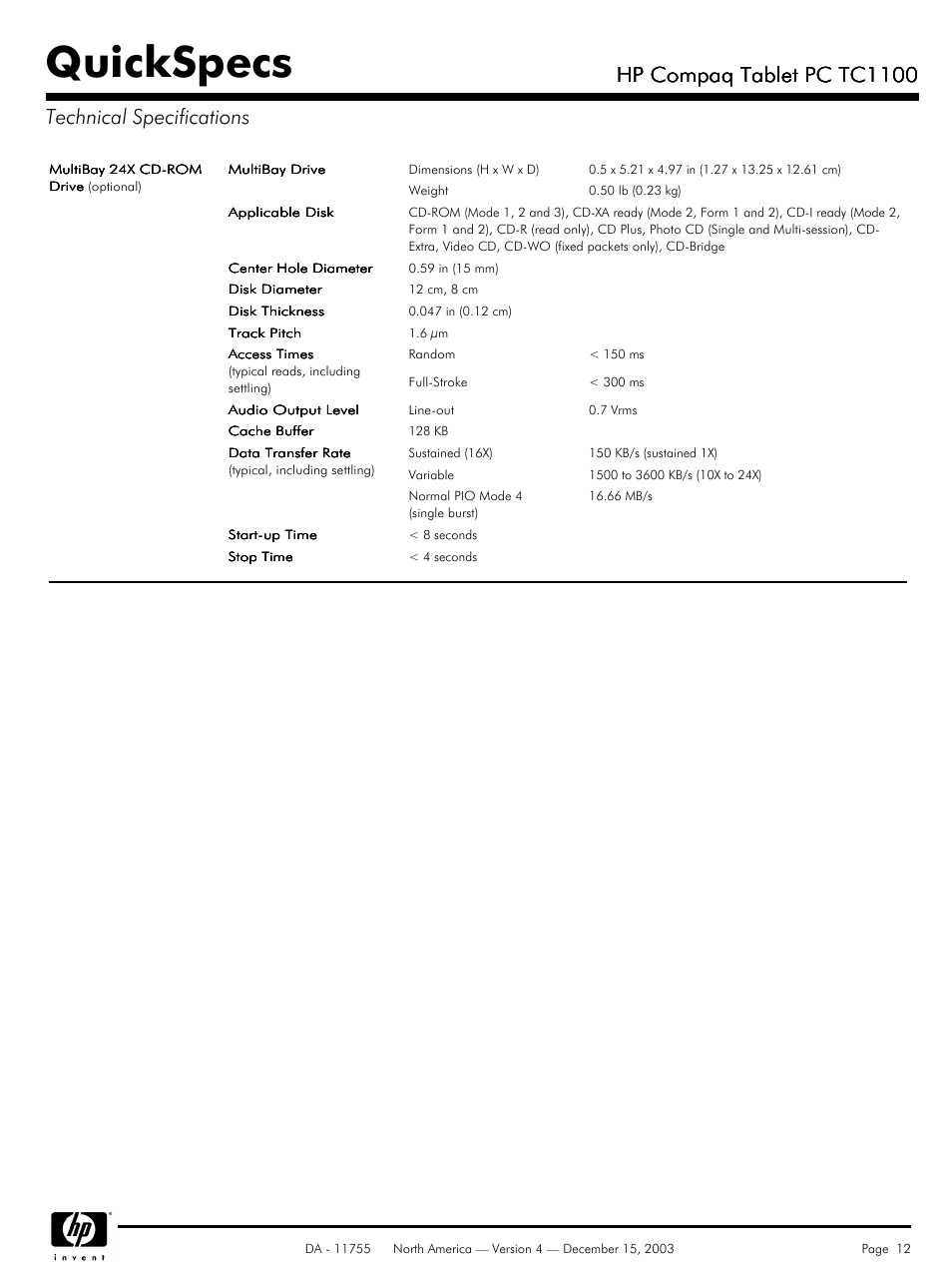 Quickspecs, Hp compaq tablet pc tc1100 | HP TC1 100 User Manual | Page 12 / 17