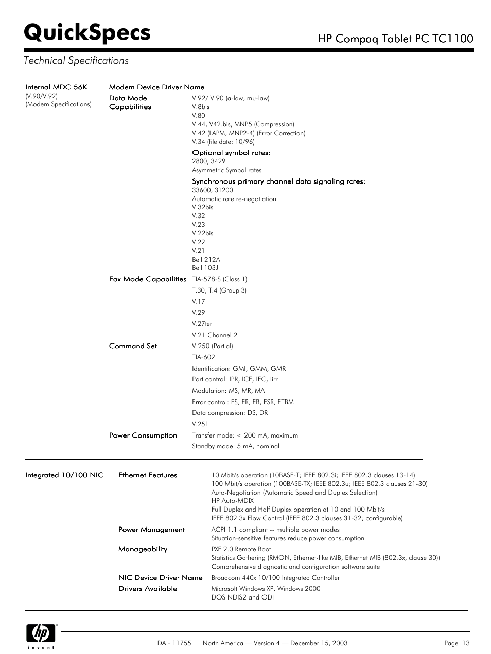 Quickspecs, Hp compaq tablet pc tc1100 | HP TC1 100 User Manual | Page 13 / 17