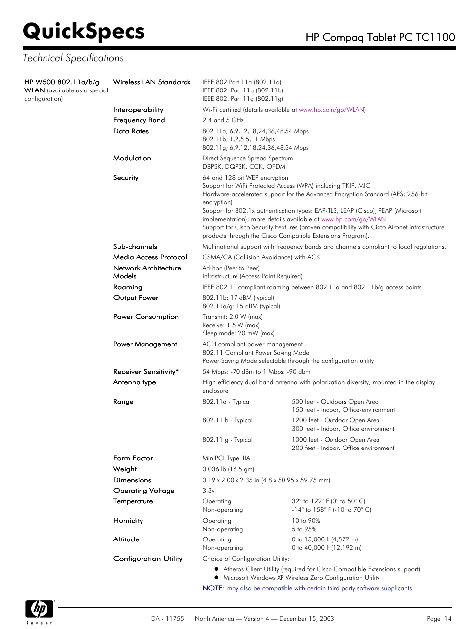 Quickspecs, Hp compaq tablet pc tc1100 | HP TC1 100 User Manual | Page 14 / 17