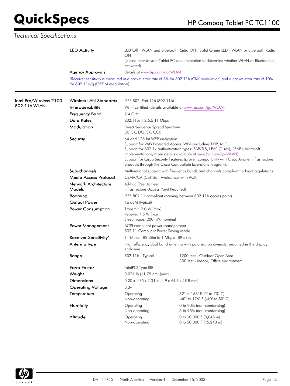 Quickspecs, Hp compaq tablet pc tc1100 | HP TC1 100 User Manual | Page 15 / 17
