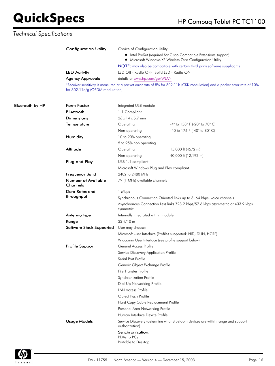 Quickspecs, Hp compaq tablet pc tc1100 | HP TC1 100 User Manual | Page 16 / 17