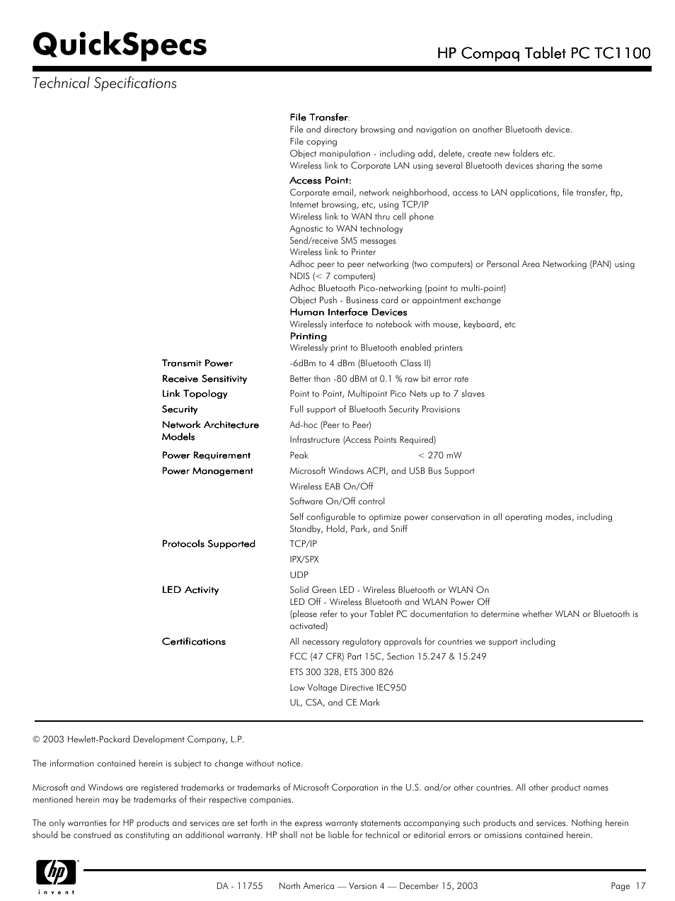 Quickspecs, Hp compaq tablet pc tc1100 | HP TC1 100 User Manual | Page 17 / 17