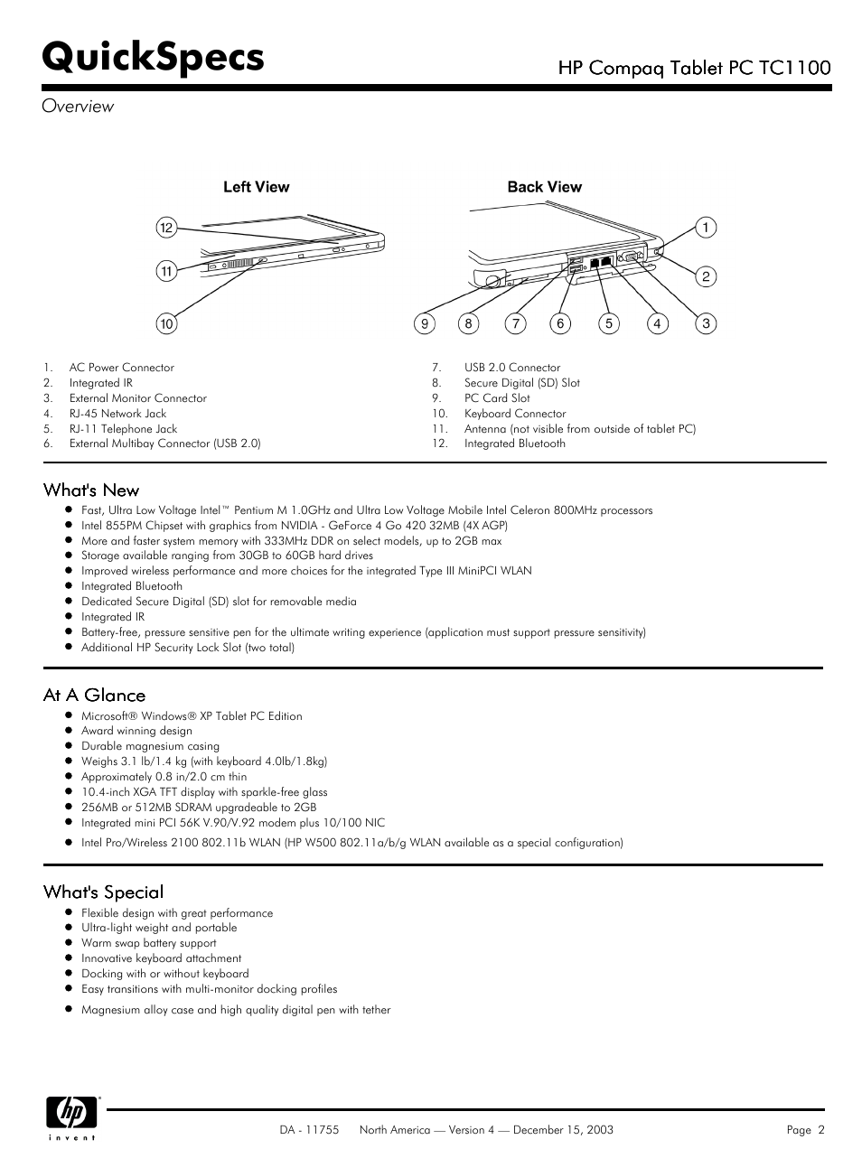 Quickspecs, Hp compaq tablet pc tc1100, Hp compaq tablet pc tc1100 overview | What's new, At a glance, What's special | HP TC1 100 User Manual | Page 2 / 17