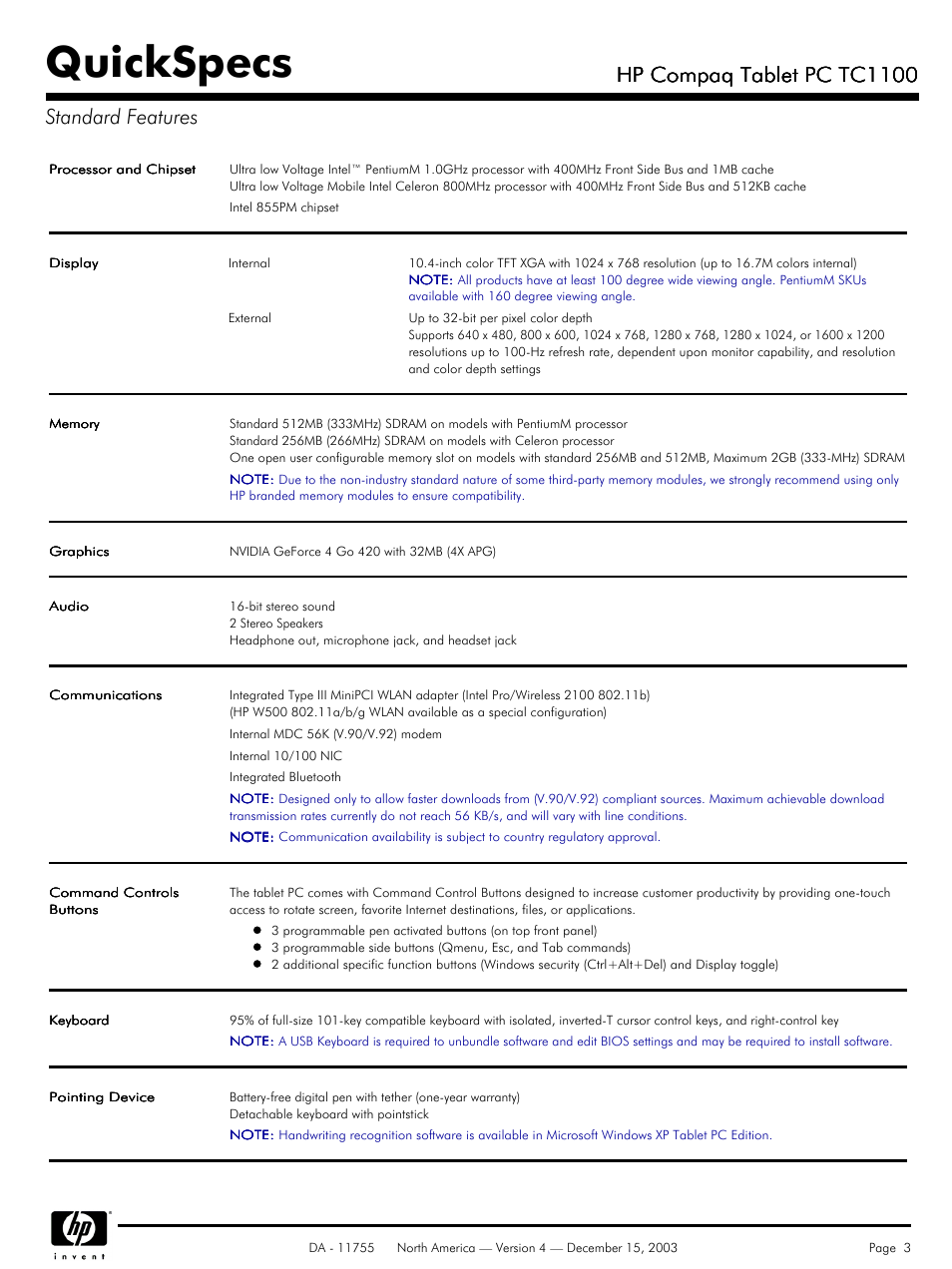 Standard features, Quickspecs, Hp compaq tablet pc tc1100 | Hp compaq tablet pc tc1100 standard features | HP TC1 100 User Manual | Page 3 / 17