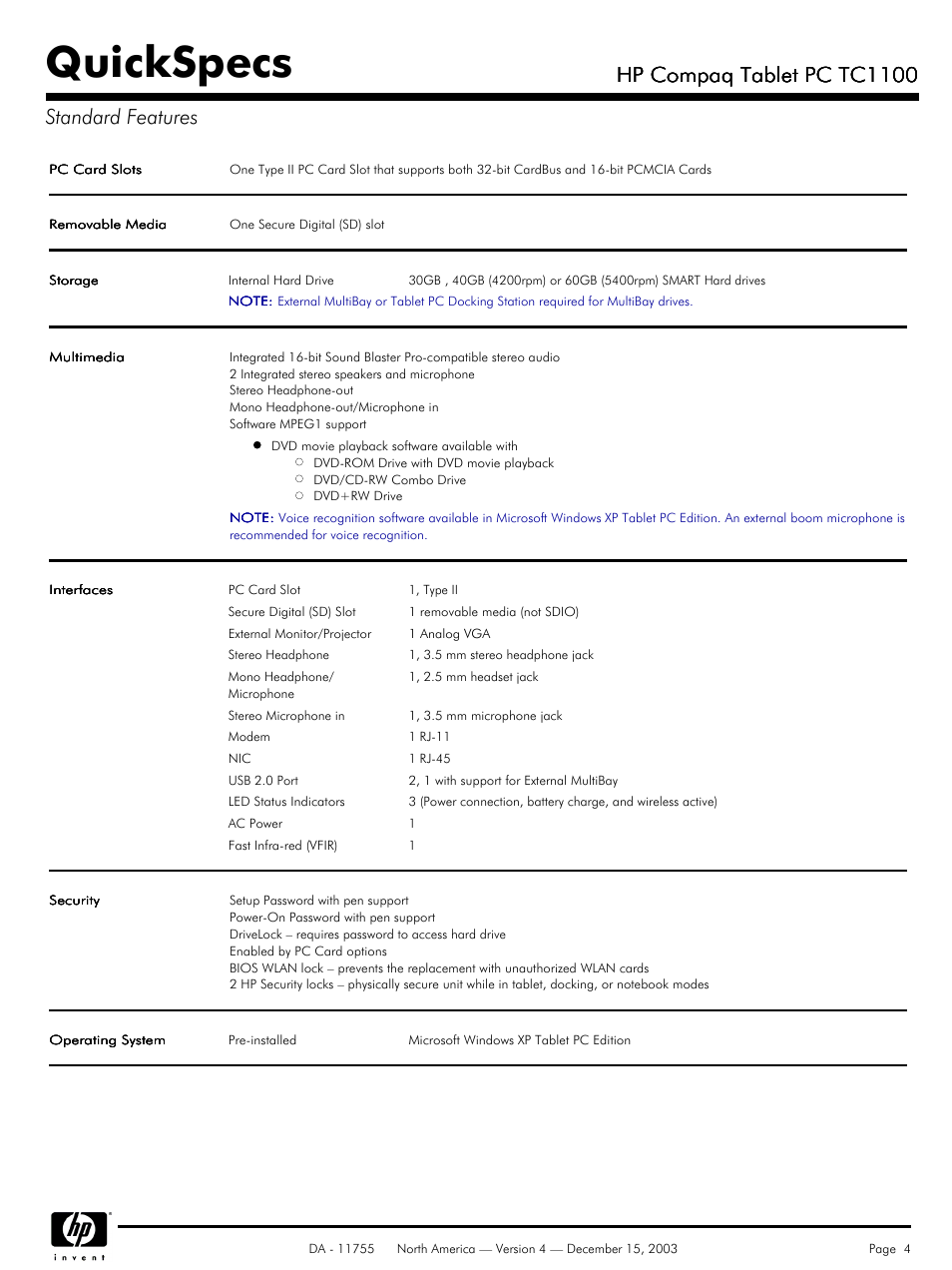 Quickspecs, Hp compaq tablet pc tc1100, Hp compaq tablet pc tc1100 standard features | HP TC1 100 User Manual | Page 4 / 17