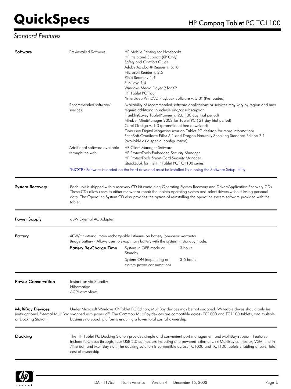 Quickspecs, Hp compaq tablet pc tc1100, Hp compaq tablet pc tc1100 standard features | HP TC1 100 User Manual | Page 5 / 17