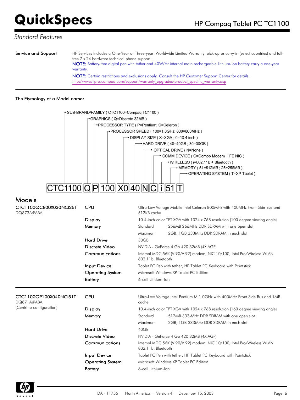 Quickspecs, Hp compaq tablet pc tc1100, Hp compaq tablet pc tc1100 standard features | Models | HP TC1 100 User Manual | Page 6 / 17