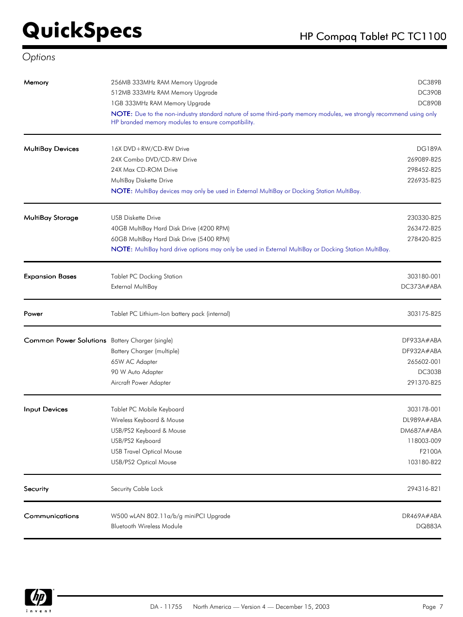 Options, Quickspecs, Hp compaq tablet pc tc1100 | Hp compaq tablet pc tc1100 options | HP TC1 100 User Manual | Page 7 / 17