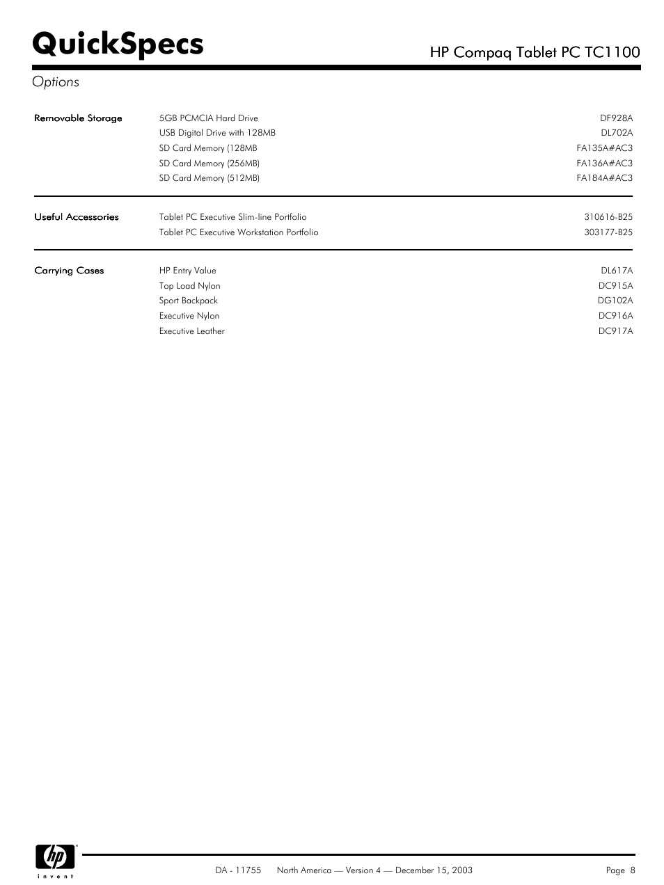 Quickspecs, Hp compaq tablet pc tc1100, Hp compaq tablet pc tc1100 options | HP TC1 100 User Manual | Page 8 / 17