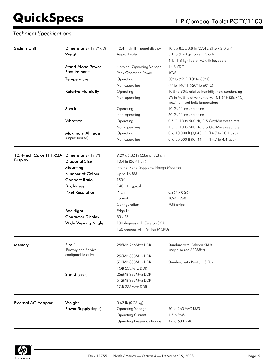 Technical specifications, Quickspecs, Hp compaq tablet pc tc1100 | HP TC1 100 User Manual | Page 9 / 17