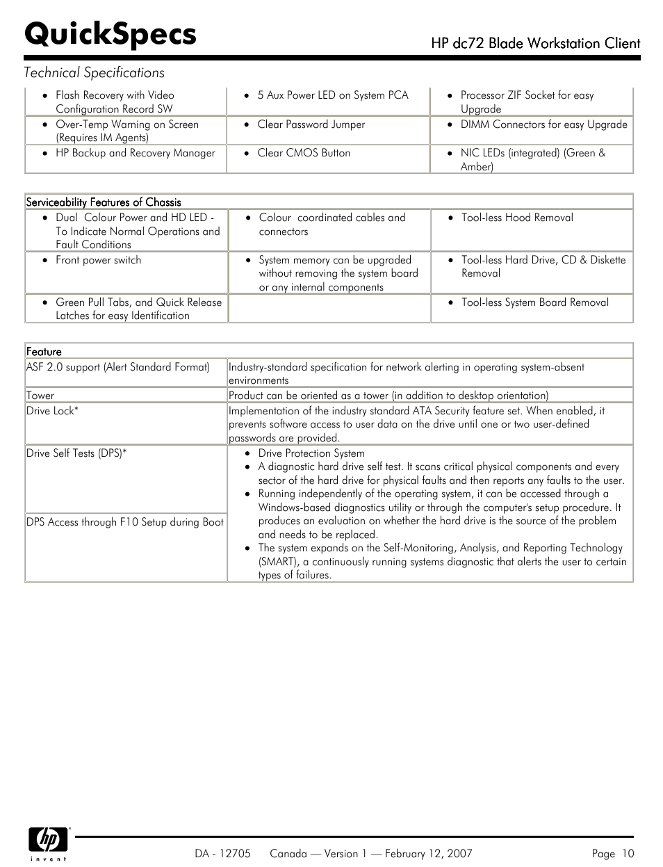 Quickspecs, Hp dc72 blade workstation client | HP dc72 User Manual | Page 10 / 23