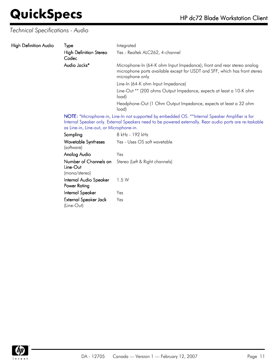 Technical specifications - audio, Quickspecs, Hp dc72 blade workstation client | HP dc72 User Manual | Page 11 / 23