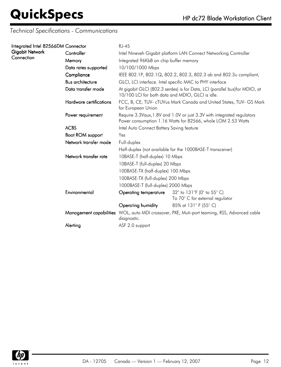 Technical specifications - communications, Quickspecs, Hp dc72 blade workstation client | HP dc72 User Manual | Page 12 / 23
