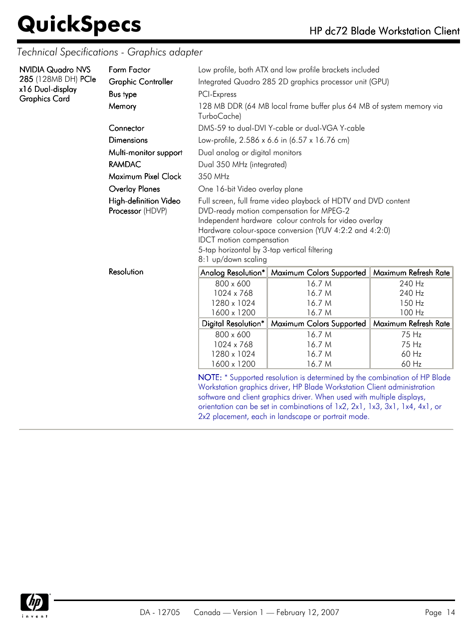 Quickspecs, Hp dc72 blade workstation client | HP dc72 User Manual | Page 14 / 23