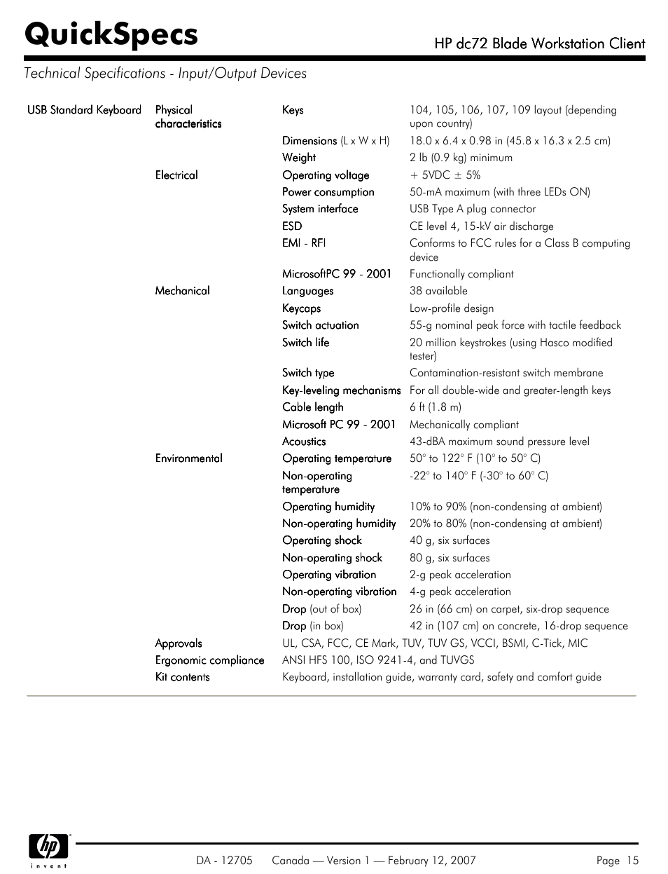 Technical specifications - input/output devices, Quickspecs, Hp dc72 blade workstation client | HP dc72 User Manual | Page 15 / 23