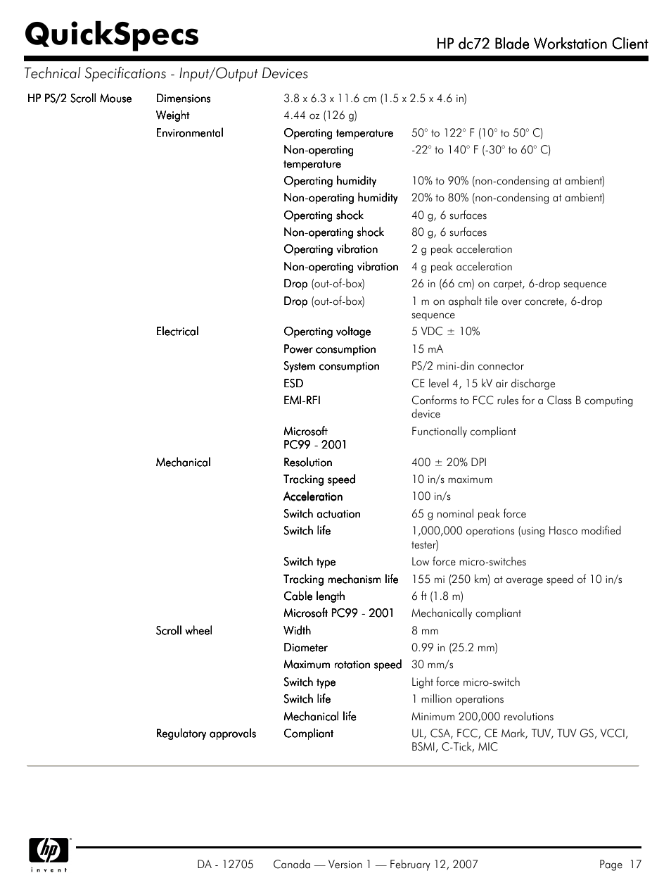 Quickspecs, Hp dc72 blade workstation client | HP dc72 User Manual | Page 17 / 23