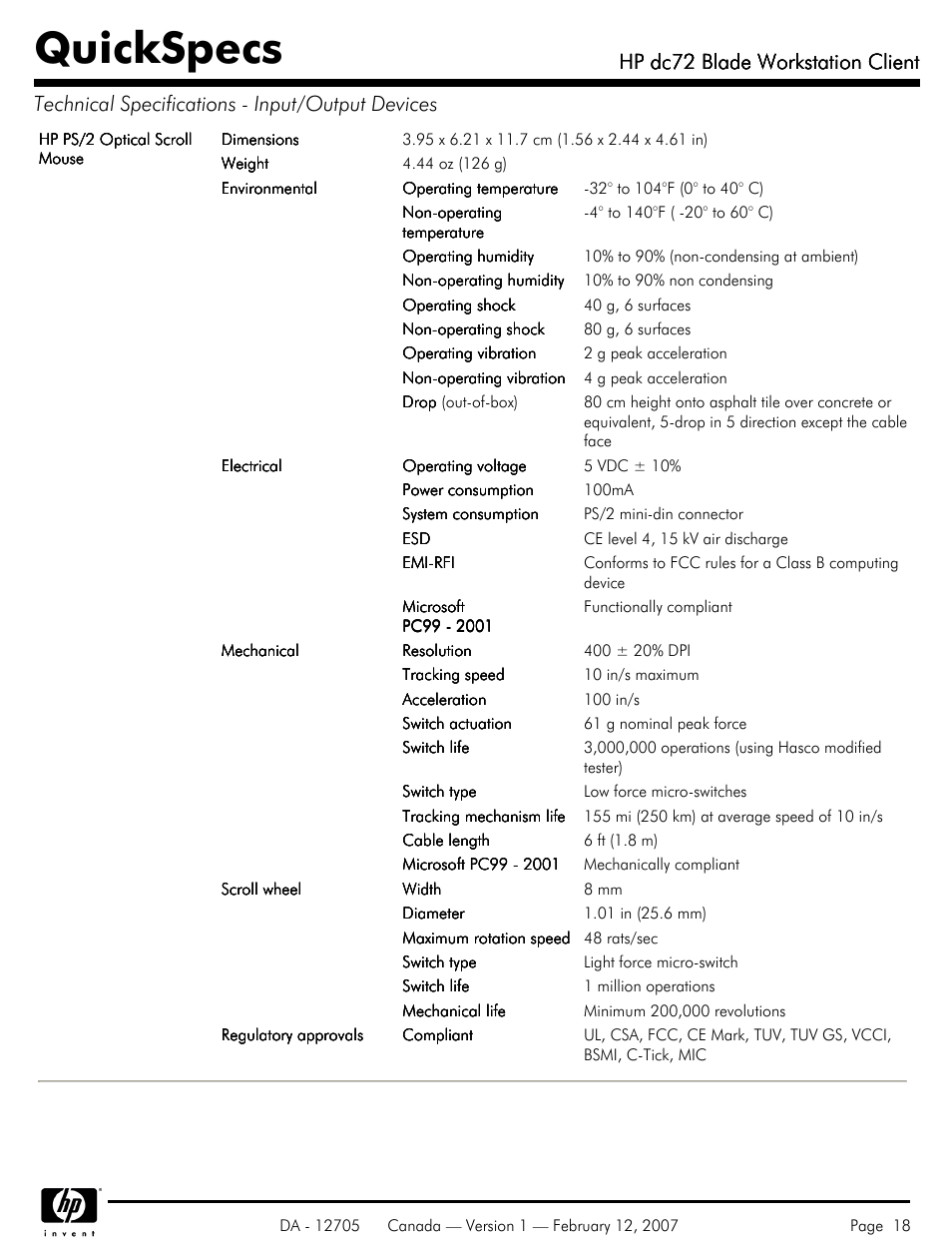 Quickspecs, Hp dc72 blade workstation client | HP dc72 User Manual | Page 18 / 23