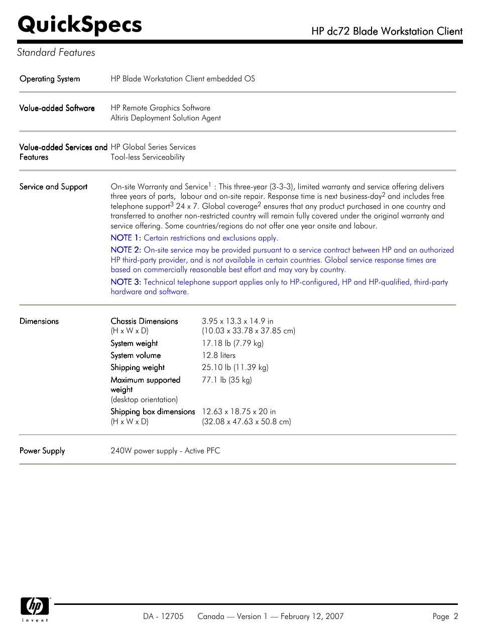 Standard features, Quickspecs, Hp dc72 blade workstation client | Hp dc72 blade workstation client standard features | HP dc72 User Manual | Page 2 / 23