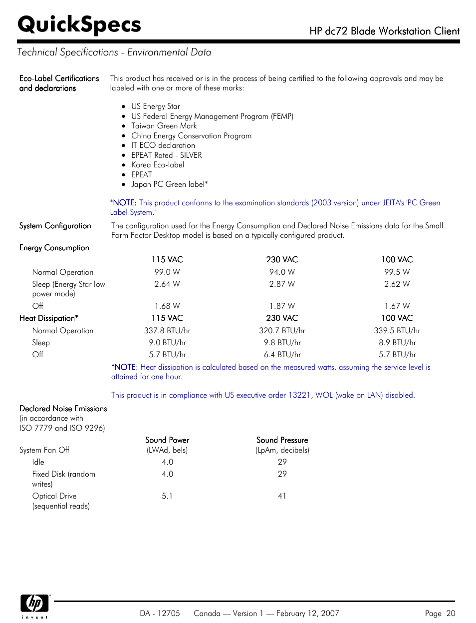 Technical specifications - environmental data, Quickspecs, Hp dc72 blade workstation client | HP dc72 User Manual | Page 20 / 23