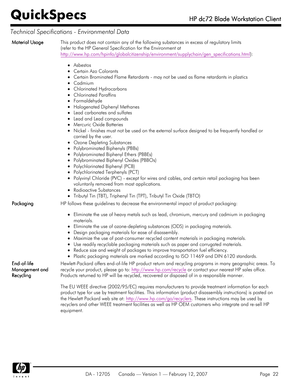 Quickspecs, Hp dc72 blade workstation client | HP dc72 User Manual | Page 22 / 23