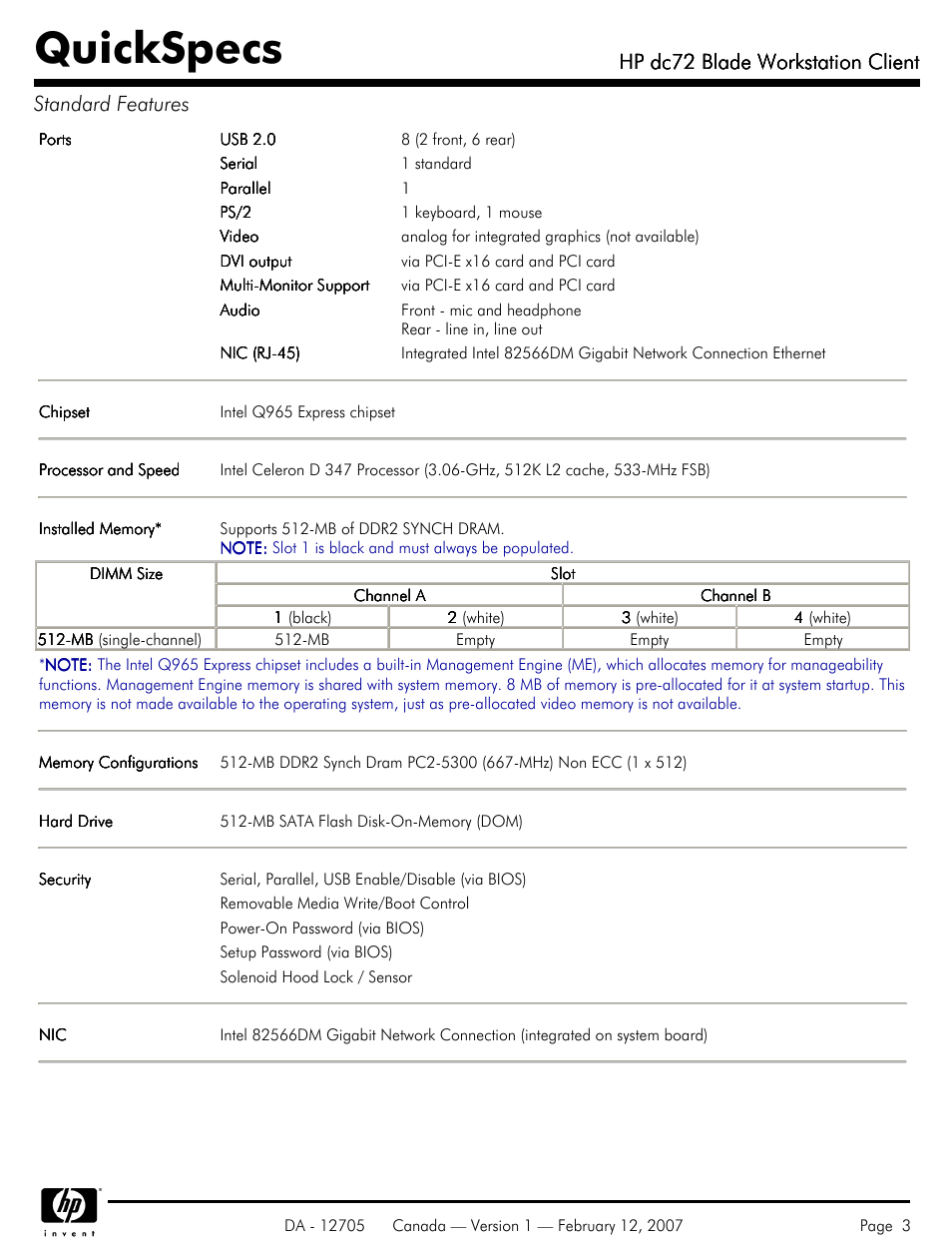 Quickspecs, Hp dc72 blade workstation client, Hp dc72 blade workstation client standard features | HP dc72 User Manual | Page 3 / 23