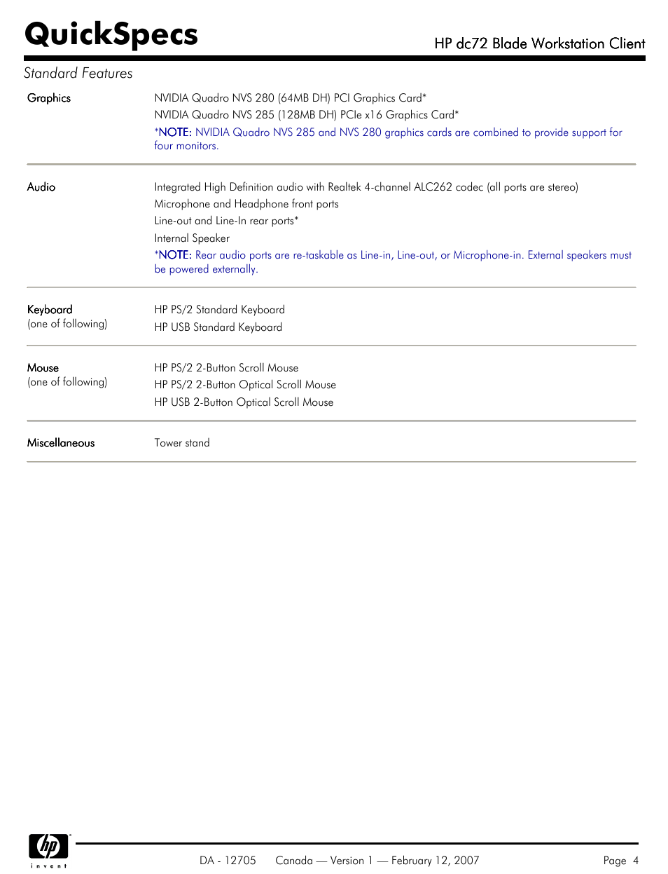 Quickspecs, Hp dc72 blade workstation client, Hp dc72 blade workstation client standard features | HP dc72 User Manual | Page 4 / 23