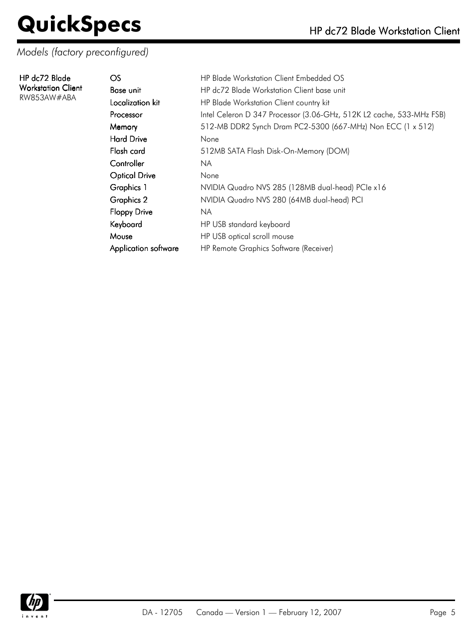 Models (factory preconfigured), Quickspecs, Hp dc72 blade workstation client | HP dc72 User Manual | Page 5 / 23