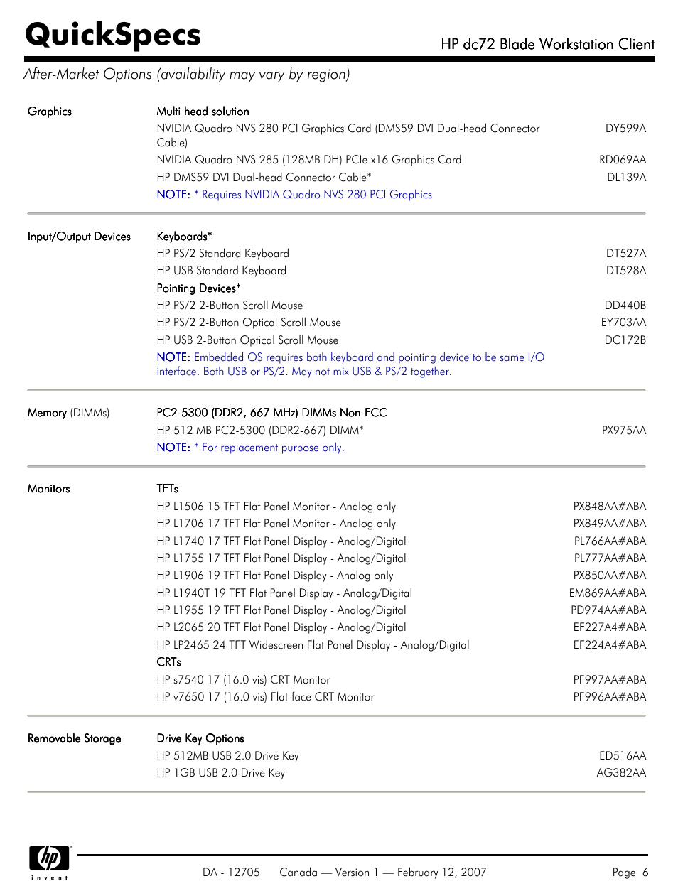 Quickspecs, Hp dc72 blade workstation client | HP dc72 User Manual | Page 6 / 23