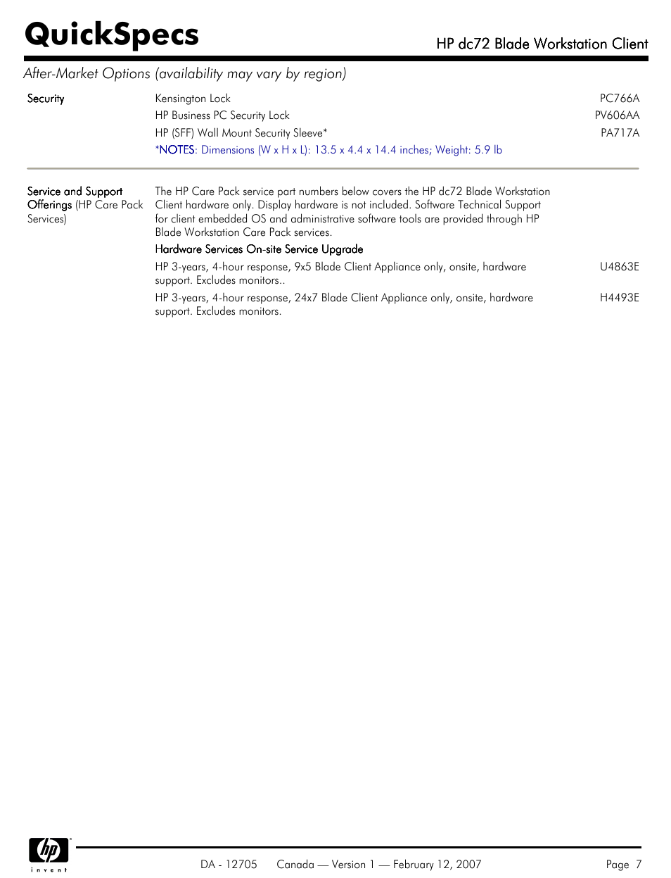 Quickspecs, Hp dc72 blade workstation client | HP dc72 User Manual | Page 7 / 23