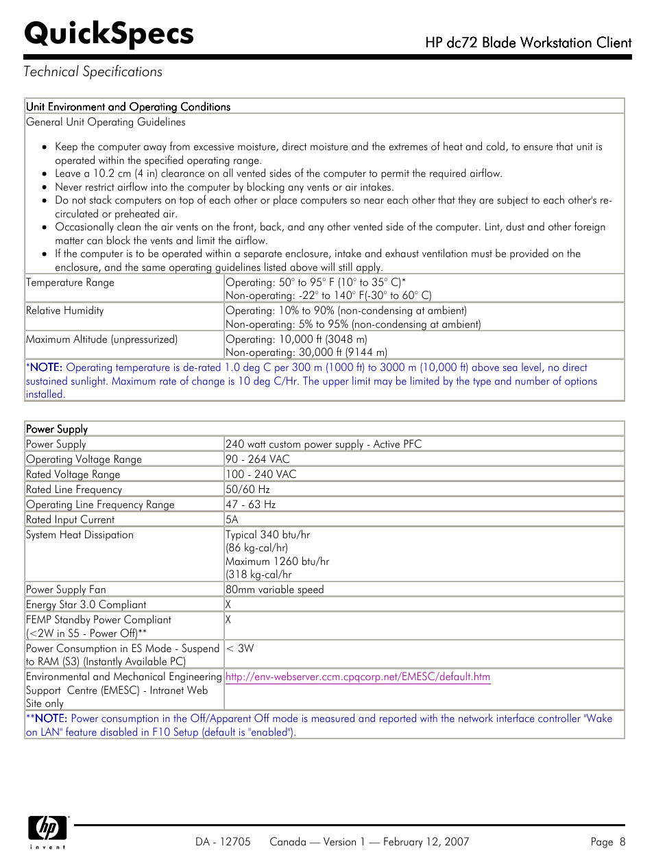 Technical specifications, Quickspecs, Hp dc72 blade workstation client | HP dc72 User Manual | Page 8 / 23