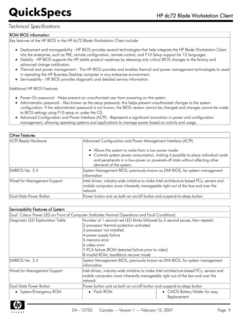 Quickspecs, Hp dc72 blade workstation client | HP dc72 User Manual | Page 9 / 23