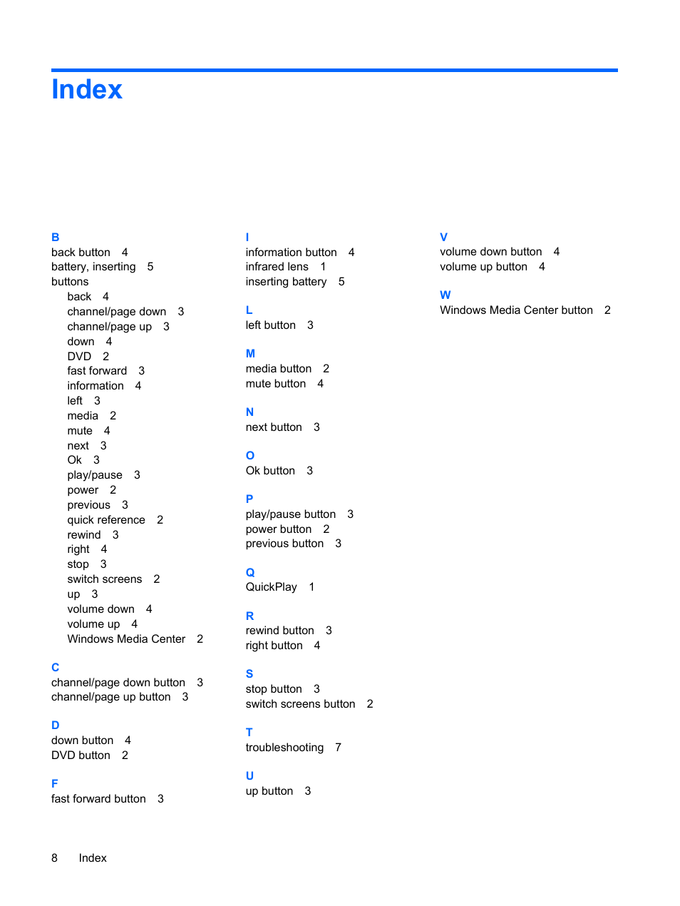 Index | HP Mobile Remote Control User Manual | Page 12 / 13