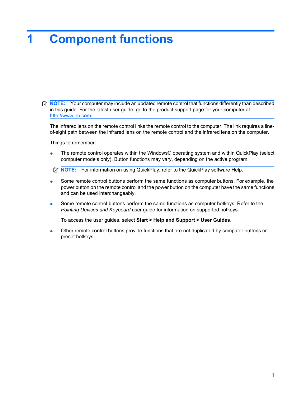 Component functions, 1 component functions, 1component functions | HP Mobile Remote Control User Manual | Page 5 / 13