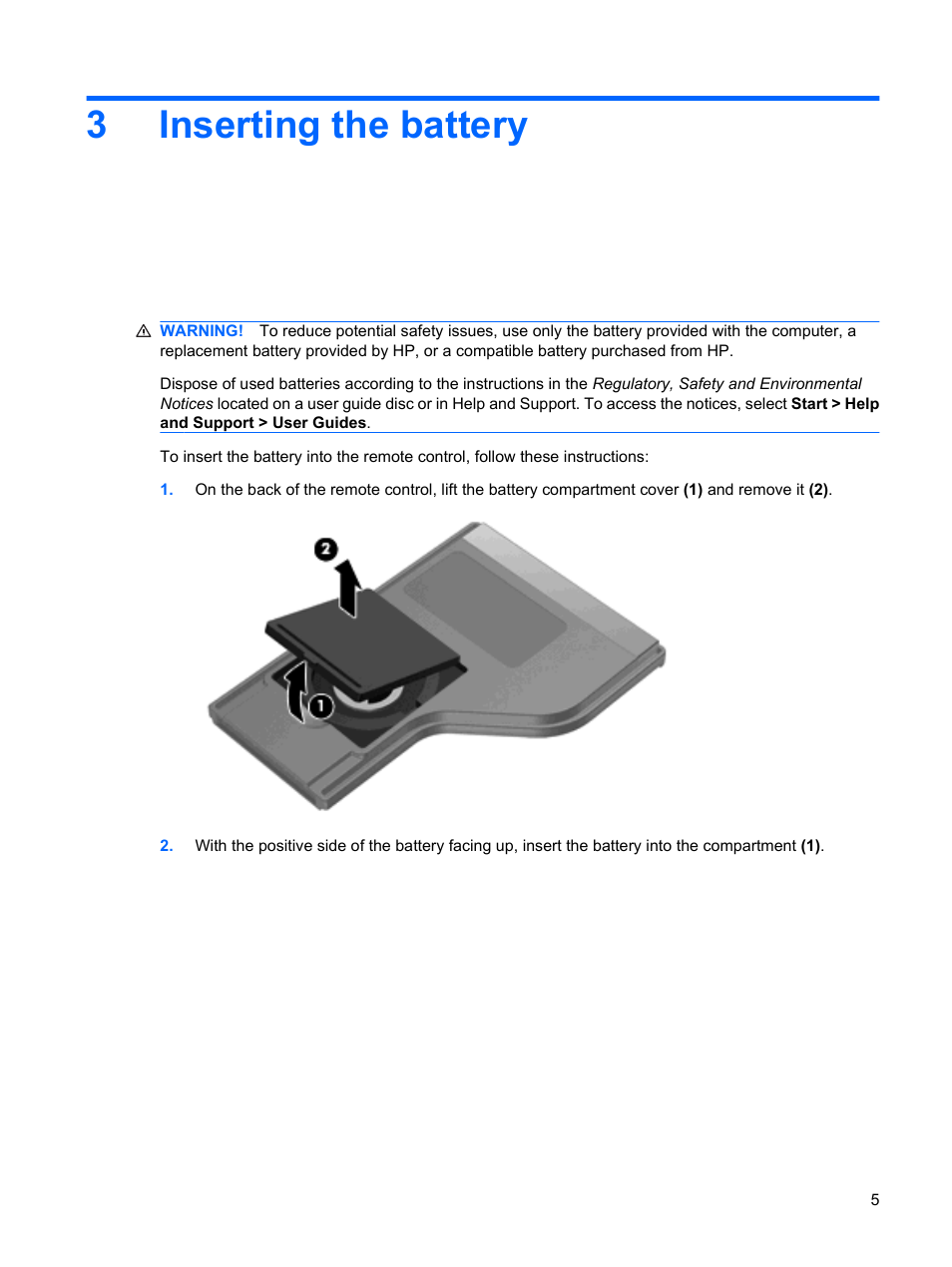 Inserting the battery, 3 inserting the battery, 3inserting the battery | HP Mobile Remote Control User Manual | Page 9 / 13