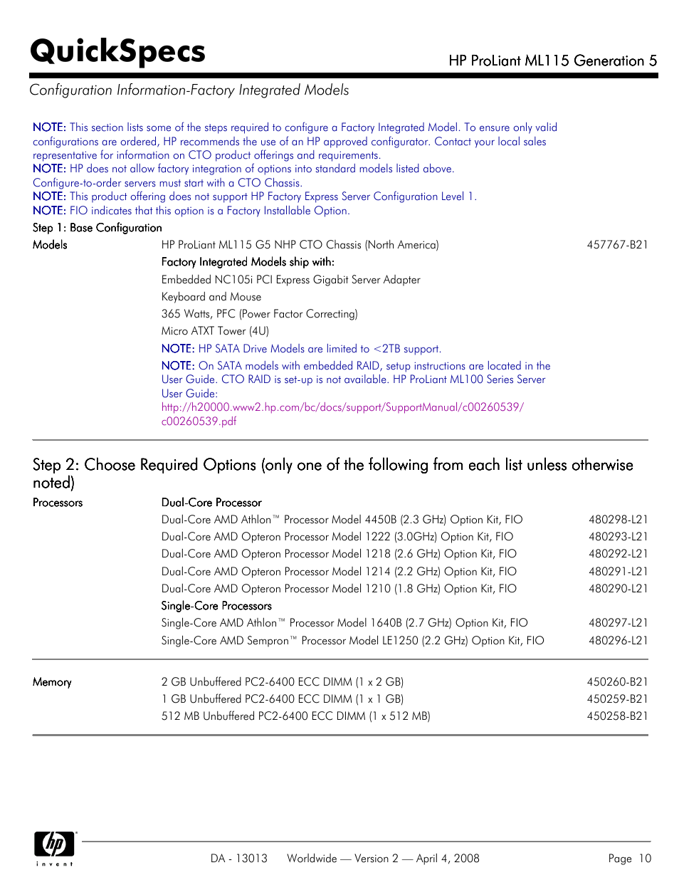 Quickspecs, Hp proliant ml115 generation 5 | HP ProLiant ML115 User Manual | Page 10 / 27