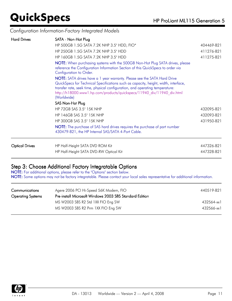 Quickspecs, Hp proliant ml115 generation 5 | HP ProLiant ML115 User Manual | Page 11 / 27